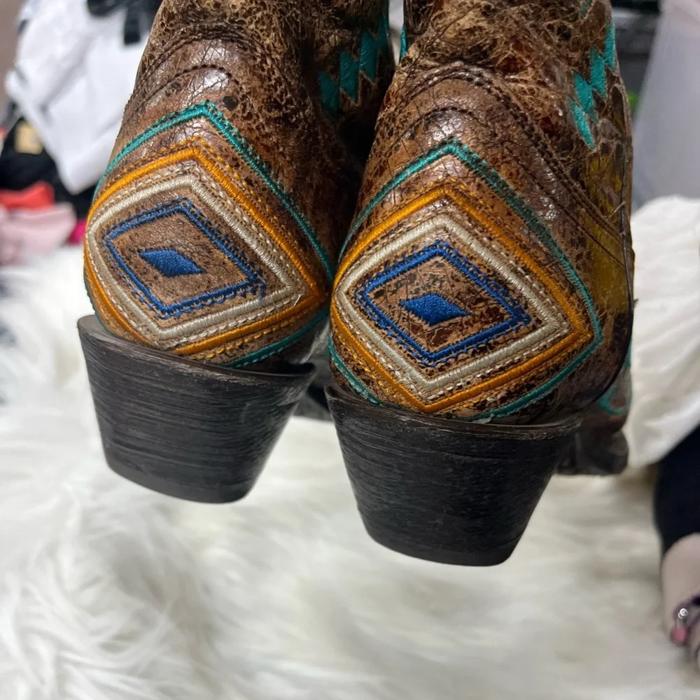 CORRAL WOMEN'S DIAMOND COWGIRL SNIP TOE TURQUOISE COGNAC BOOTS size 6 - Picture 10 of 11
